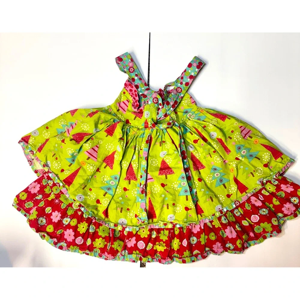 Jelly the Pug Girls 4T Sundress Christmas Trees Floral Ruffle Tiered Whimsical